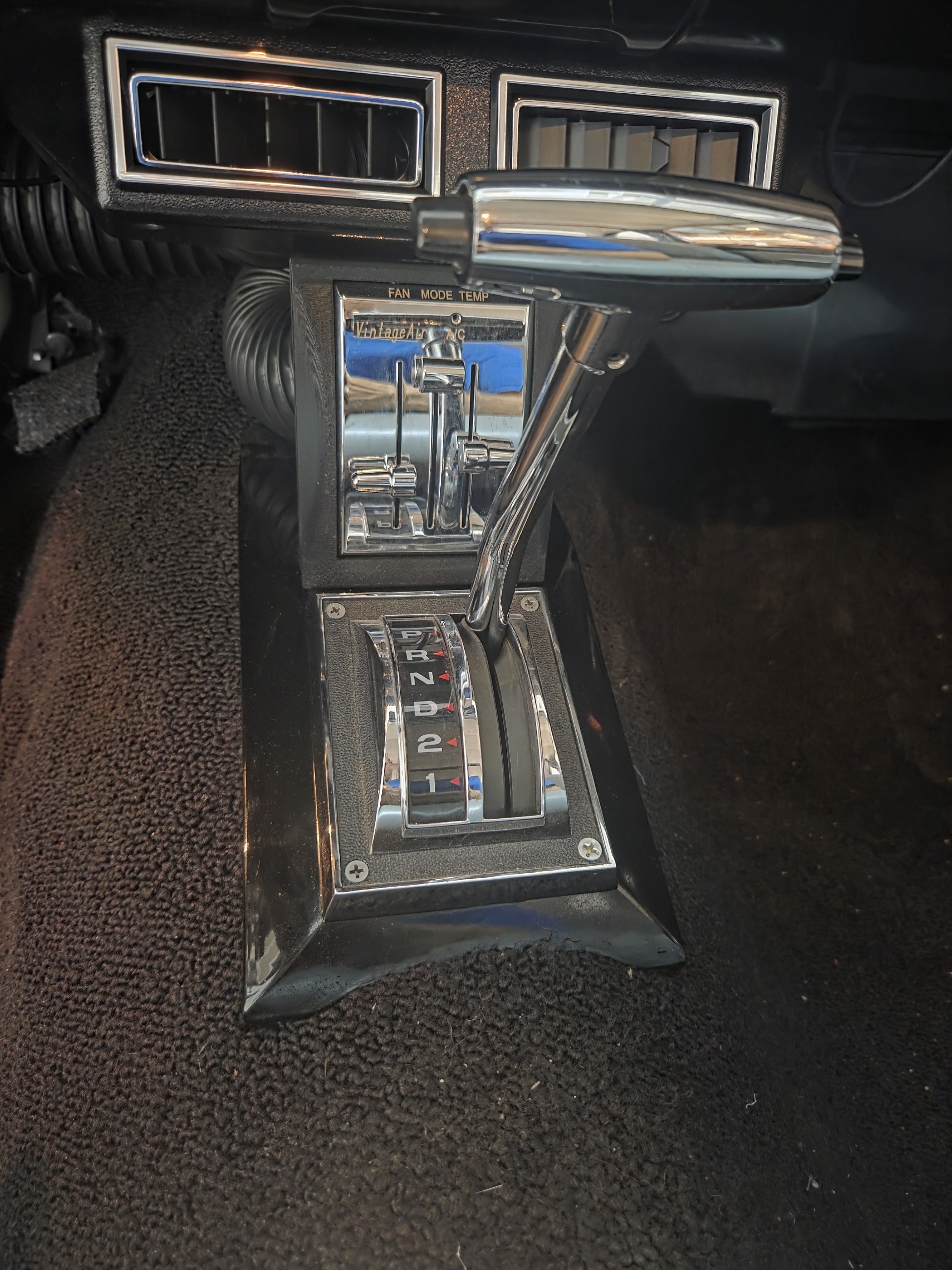 Custom center console — Vintage Air controls and shifter, CAD-designed and fabricated in-house